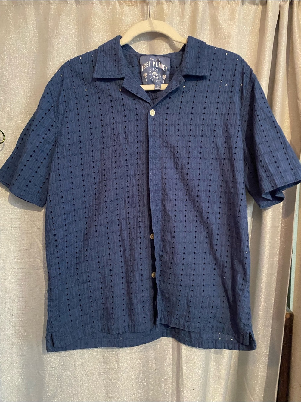 Free Planet Men's Navy Short-Sleeve Eyelet Camp Shirt